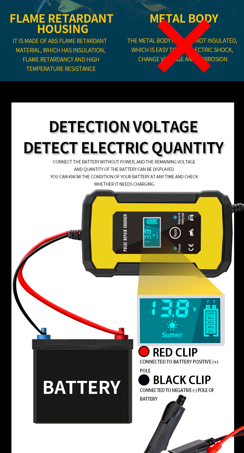 12V6A(2-100AH) Car Battery Charger, Smart Fully Automatic Battery Charger Battery Maint(图2)