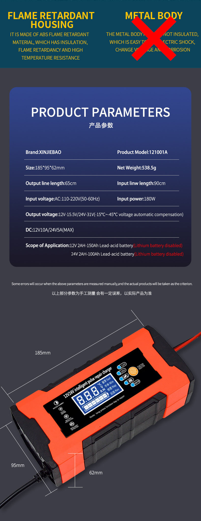 12V10A24V5AElectric Bicycle/Tricyle/Wheelchair Charger Lead Acid Battery Fast Charger(图4)